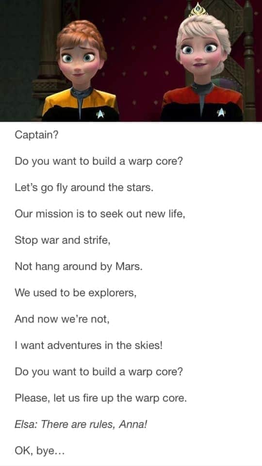 This meme is a humorous mashup of two iconic characters: Captain Jean-Luc Picard from Star Trek and Elsa from Frozen. The image shows a screenshot of a Star Trek: The Next Generation episode, with Picard's dialogue "Make it so" replaced with a quote from Frozen's "Let it go".